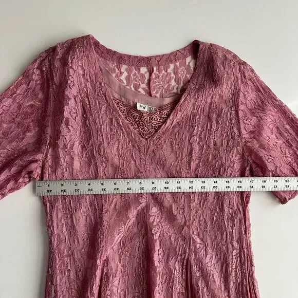 Together! VTG Lace Crinkle Rayon Overlay Layered Short Sleeve Rose Maxi Dress 10